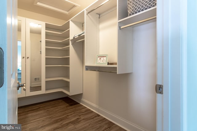 spacious closet featuring dark wood-type flooring