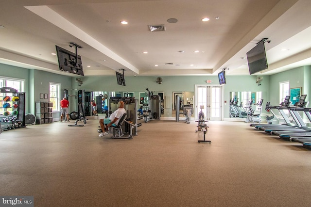 exercise room featuring french doors, plenty of natural light, and a tray ceiling