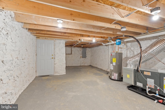 basement featuring electric panel and electric water heater