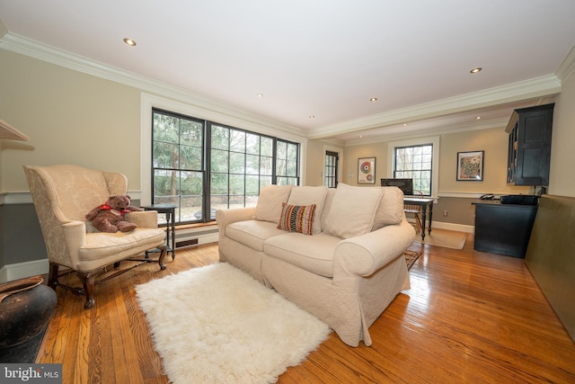 living room featuring ornamental molding and dark hardwood / wood-style flooring