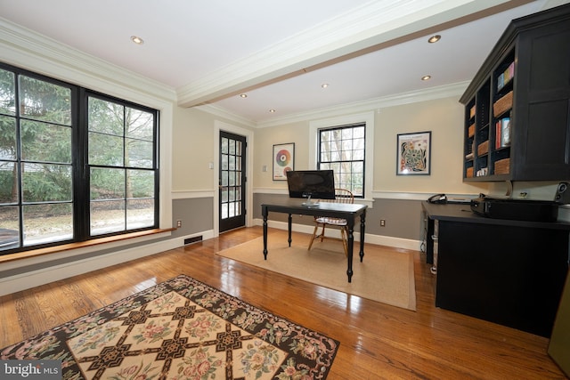 office area featuring ornamental molding and hardwood / wood-style flooring