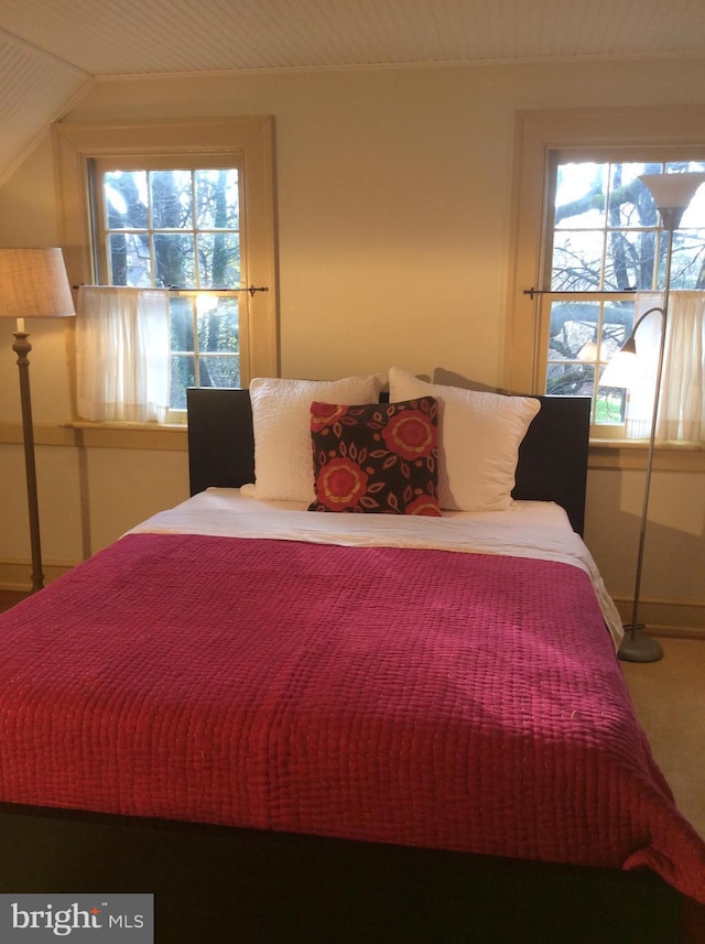 bedroom with lofted ceiling and multiple windows