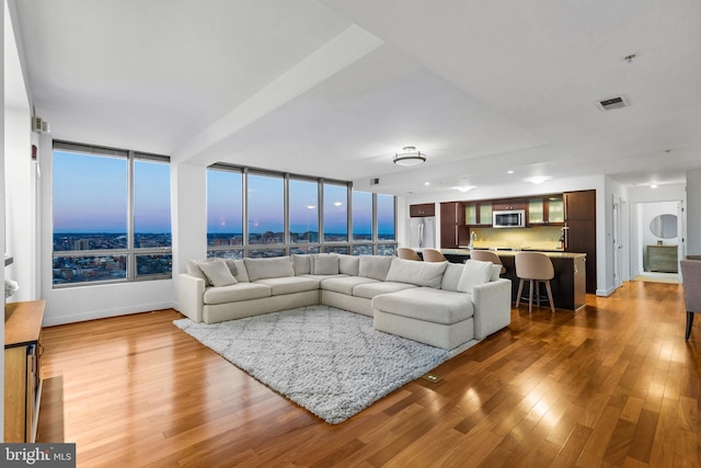 living room featuring a wall of windows, sink, and light hardwood / wood-style flooring