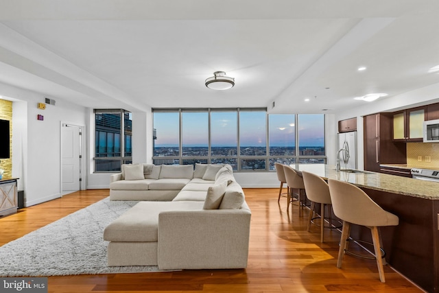 living room featuring light wood-type flooring, a wall of windows, and sink