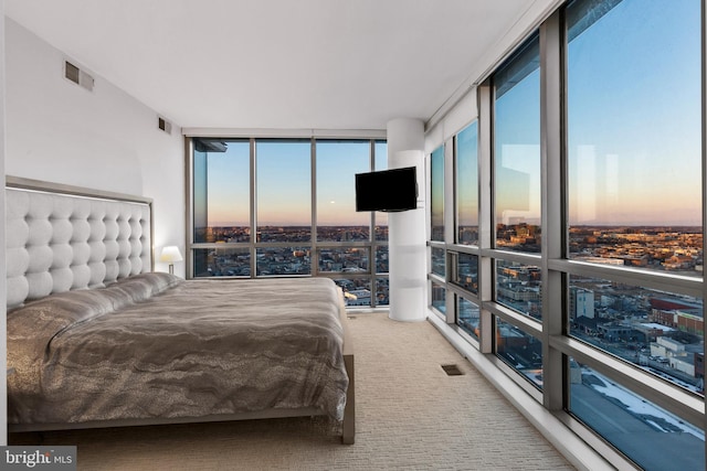 carpeted bedroom featuring floor to ceiling windows