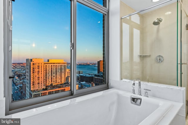 bathroom with a water view and separate shower and tub