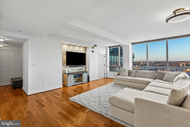 living room featuring expansive windows and hardwood / wood-style flooring