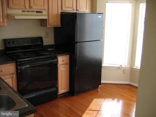 kitchen featuring sink, light wood-type flooring, and black appliances