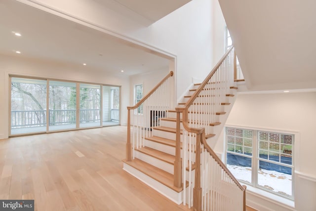 staircase with hardwood / wood-style flooring