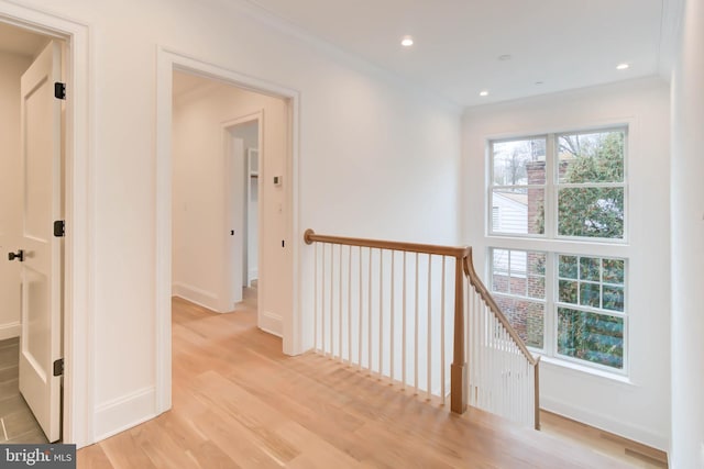 corridor with plenty of natural light, crown molding, and light hardwood / wood-style floors