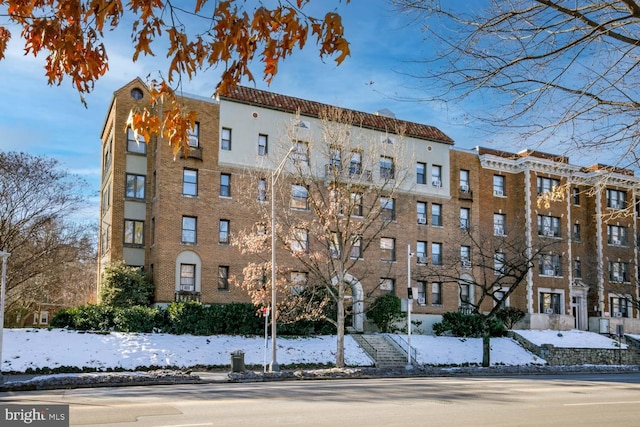 view of snow covered building