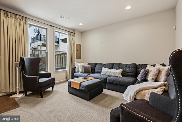 living room with light carpet