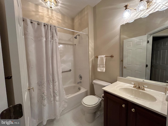 full bathroom featuring shower / tub combo, vanity, tile patterned floors, and toilet