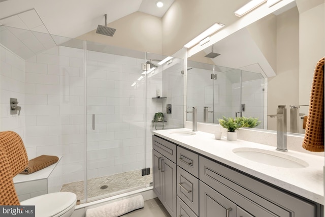 bathroom featuring an enclosed shower, vanity, lofted ceiling, and toilet