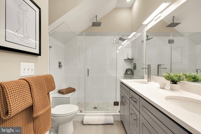 bathroom with a shower with door, toilet, lofted ceiling, and vanity