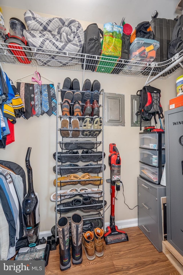 walk in closet with hardwood / wood-style floors