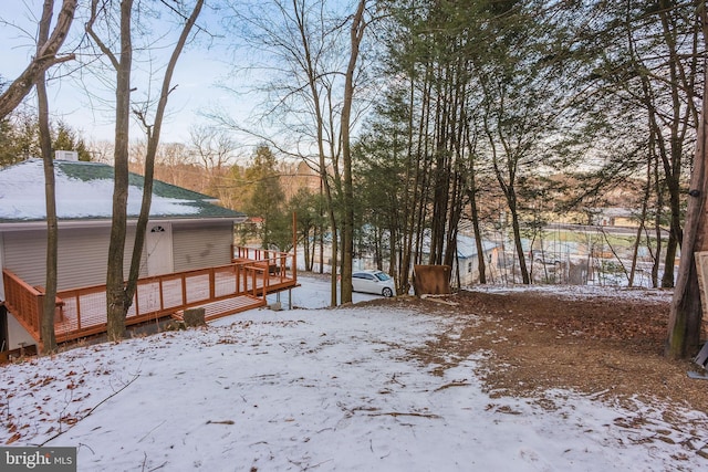 yard covered in snow with a deck