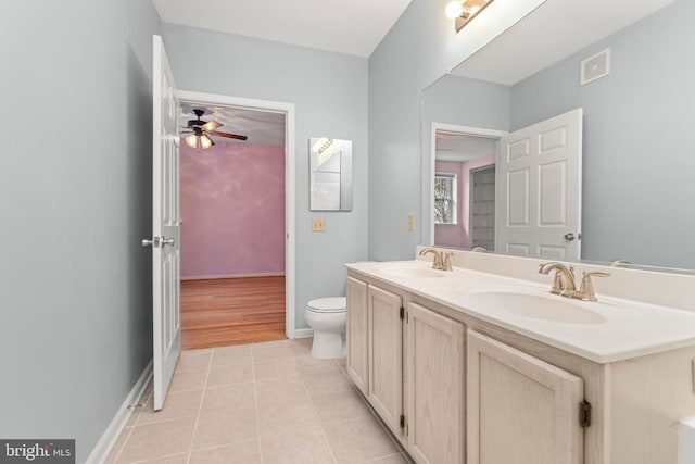 bathroom with ceiling fan, vanity, tile patterned flooring, and toilet