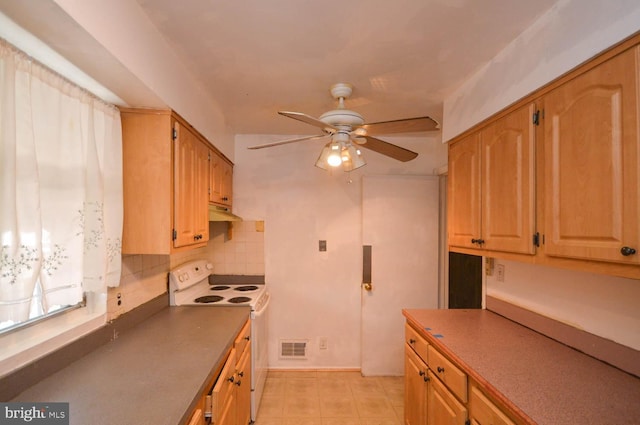 kitchen featuring ceiling fan, backsplash, and white range with electric stovetop