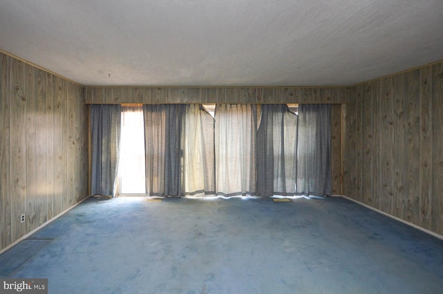 carpeted spare room with wooden walls