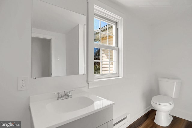 bathroom with vanity, wood-type flooring, plenty of natural light, and toilet