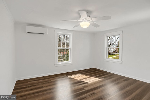 unfurnished room featuring ceiling fan, dark hardwood / wood-style floors, and a wall mounted AC