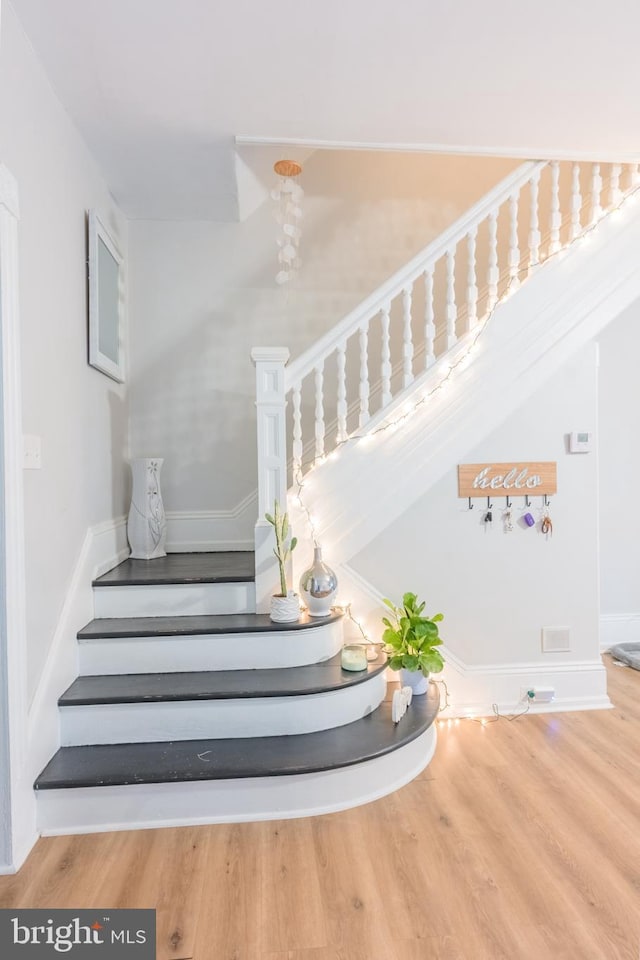 staircase with hardwood / wood-style flooring