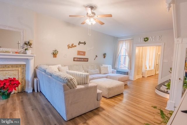 living room with ceiling fan, radiator, and hardwood / wood-style floors