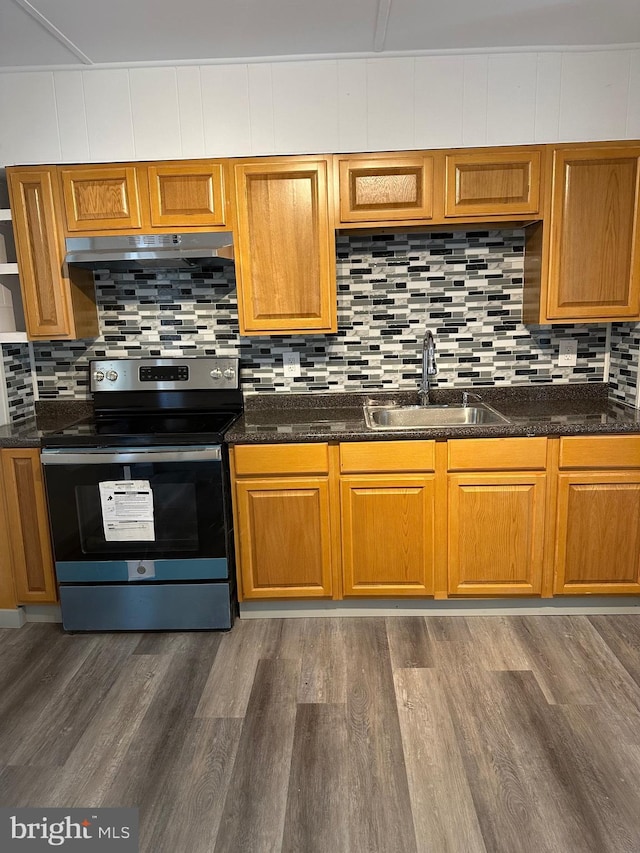 kitchen featuring sink, dark hardwood / wood-style floors, stainless steel range with electric stovetop, and dark stone countertops