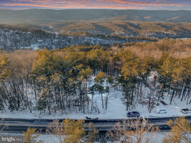 snowy aerial view featuring a mountain view