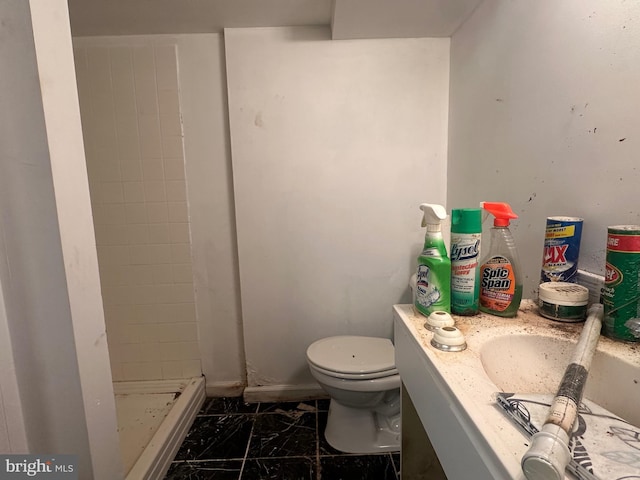 bathroom with sink, toilet, and tiled shower