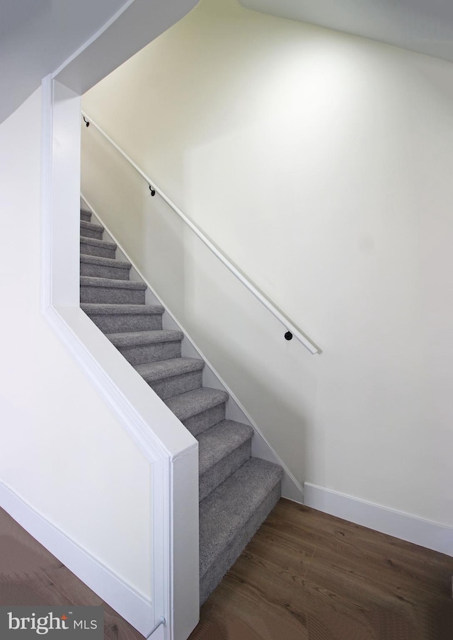 staircase with hardwood / wood-style floors