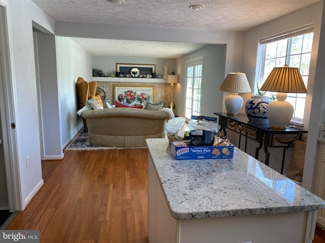 living room with a textured ceiling and hardwood / wood-style flooring