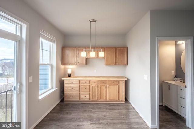 kitchen featuring dark hardwood / wood-style flooring, light brown cabinets, hanging light fixtures, and sink