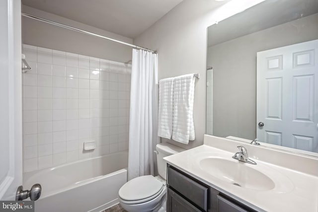 full bathroom featuring toilet, vanity, and shower / bathtub combination with curtain