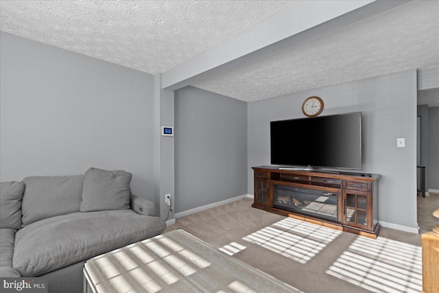 living room with light colored carpet and a textured ceiling