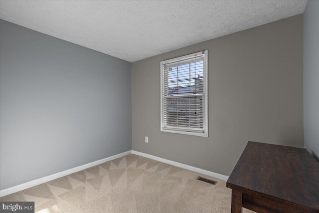 unfurnished room with a textured ceiling and carpet flooring