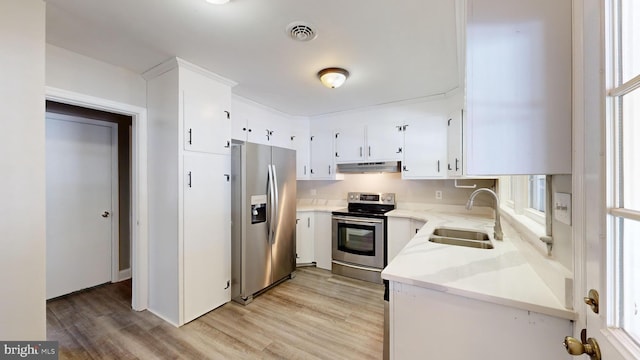 kitchen with light hardwood / wood-style floors, stainless steel appliances, white cabinets, light stone counters, and sink