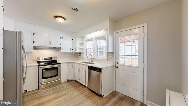 kitchen featuring stainless steel appliances, light hardwood / wood-style flooring, white cabinets, and sink