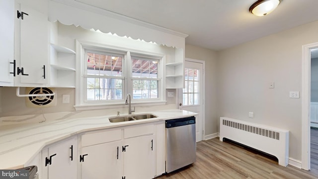 kitchen with white cabinets, dishwasher, sink, and radiator heating unit