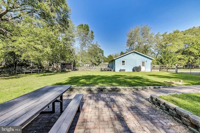 exterior space with a shed