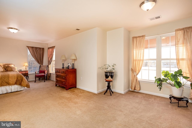 bedroom featuring light colored carpet