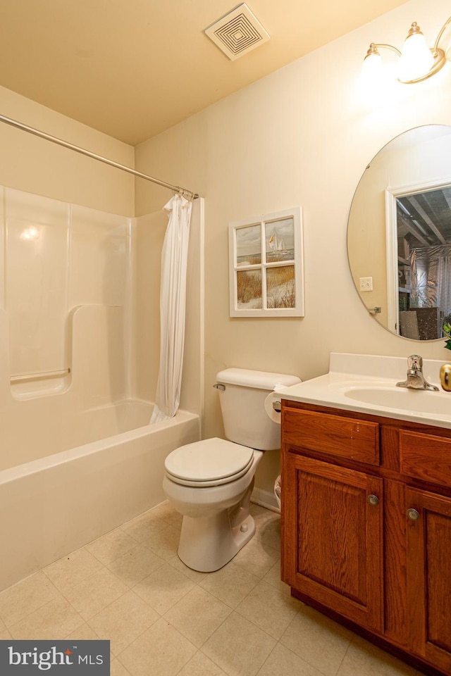 full bathroom with vanity, shower / bath combination with curtain, and toilet