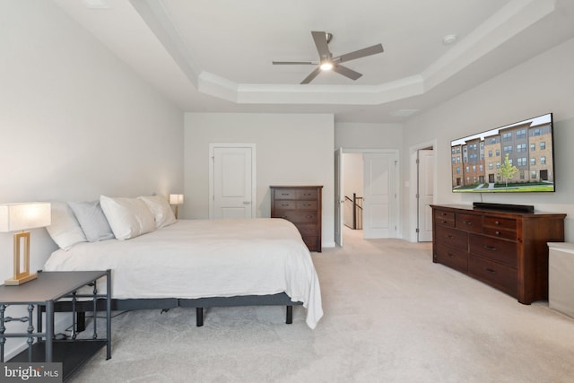 14079 Sunrise Valley Dr Unit 15P, Herndon, VA 20171 - bedroom featuring a raised ceiling, light colored carpet, and ceiling fan