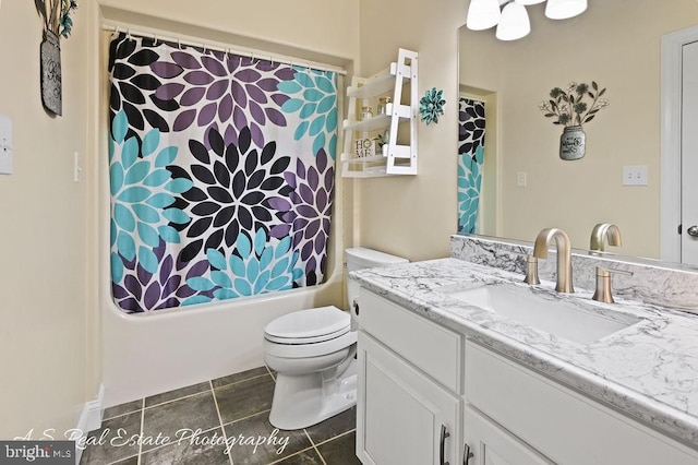 full bathroom featuring tile patterned flooring, toilet, vanity, and shower / bath combination with curtain