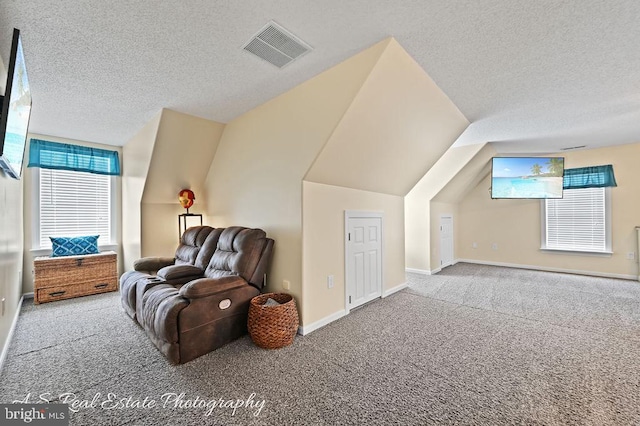 bonus room featuring a textured ceiling, carpet, and lofted ceiling