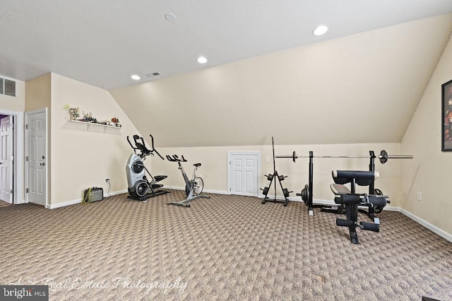 exercise room featuring carpet and lofted ceiling