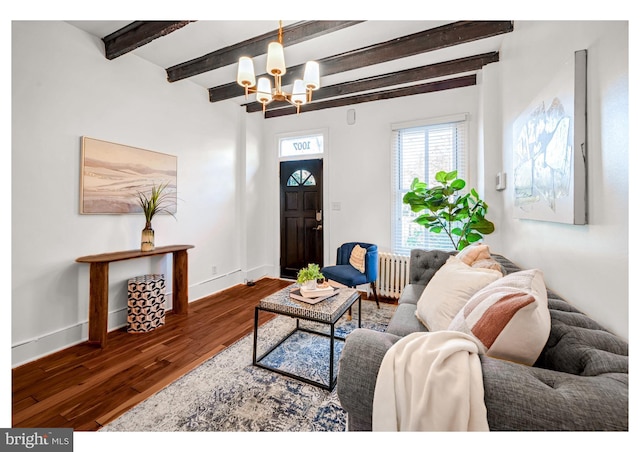 living room with beam ceiling, radiator, dark wood-type flooring, and a notable chandelier