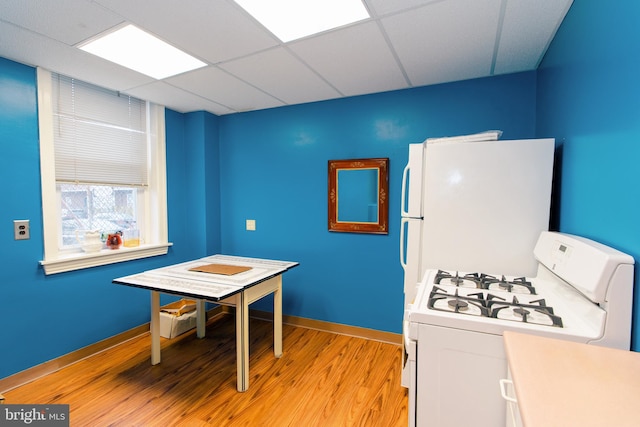 kitchen with white appliances, light hardwood / wood-style flooring, and a drop ceiling