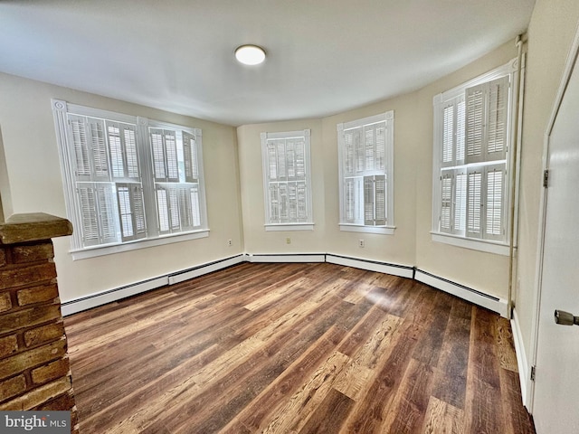 unfurnished dining area with dark hardwood / wood-style flooring and a baseboard radiator